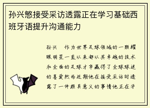 孙兴慜接受采访透露正在学习基础西班牙语提升沟通能力