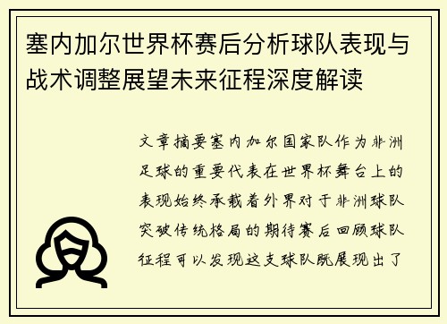 塞内加尔世界杯赛后分析球队表现与战术调整展望未来征程深度解读